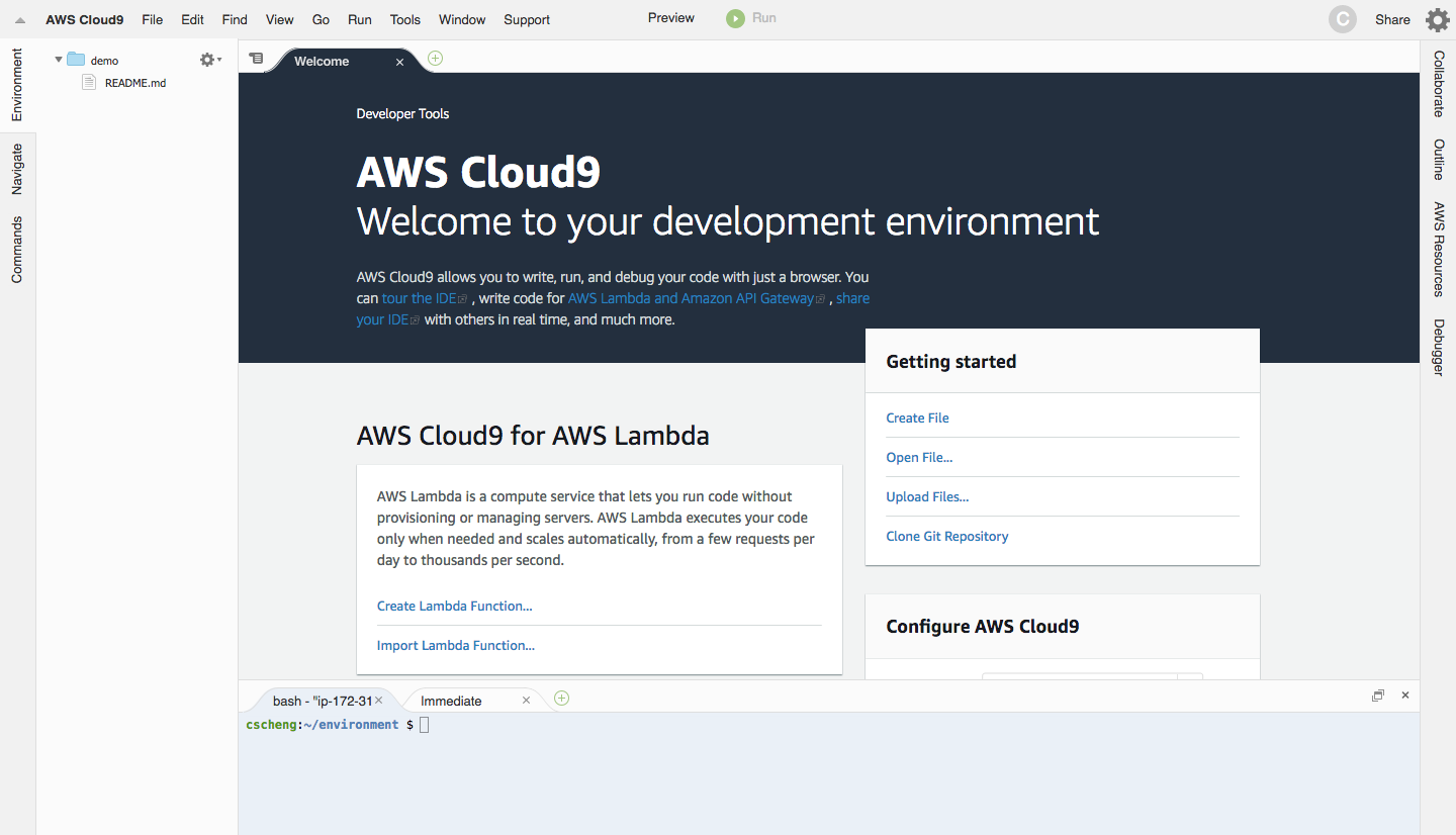 AWS Cloud9 welcome screen