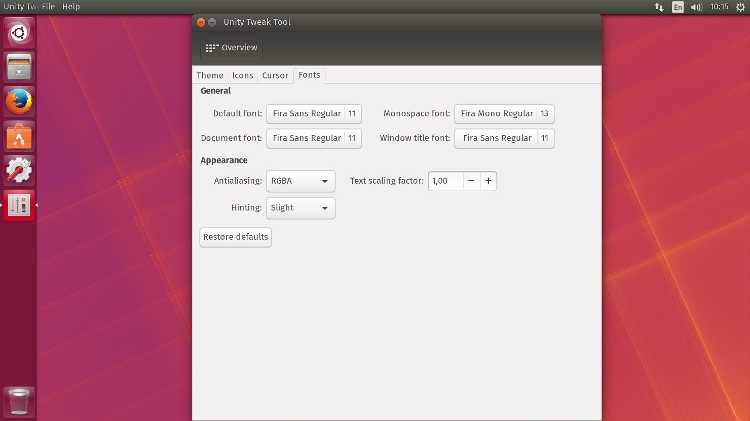 Screenshot of Unity Tweak Tool with the Fonts panel opened