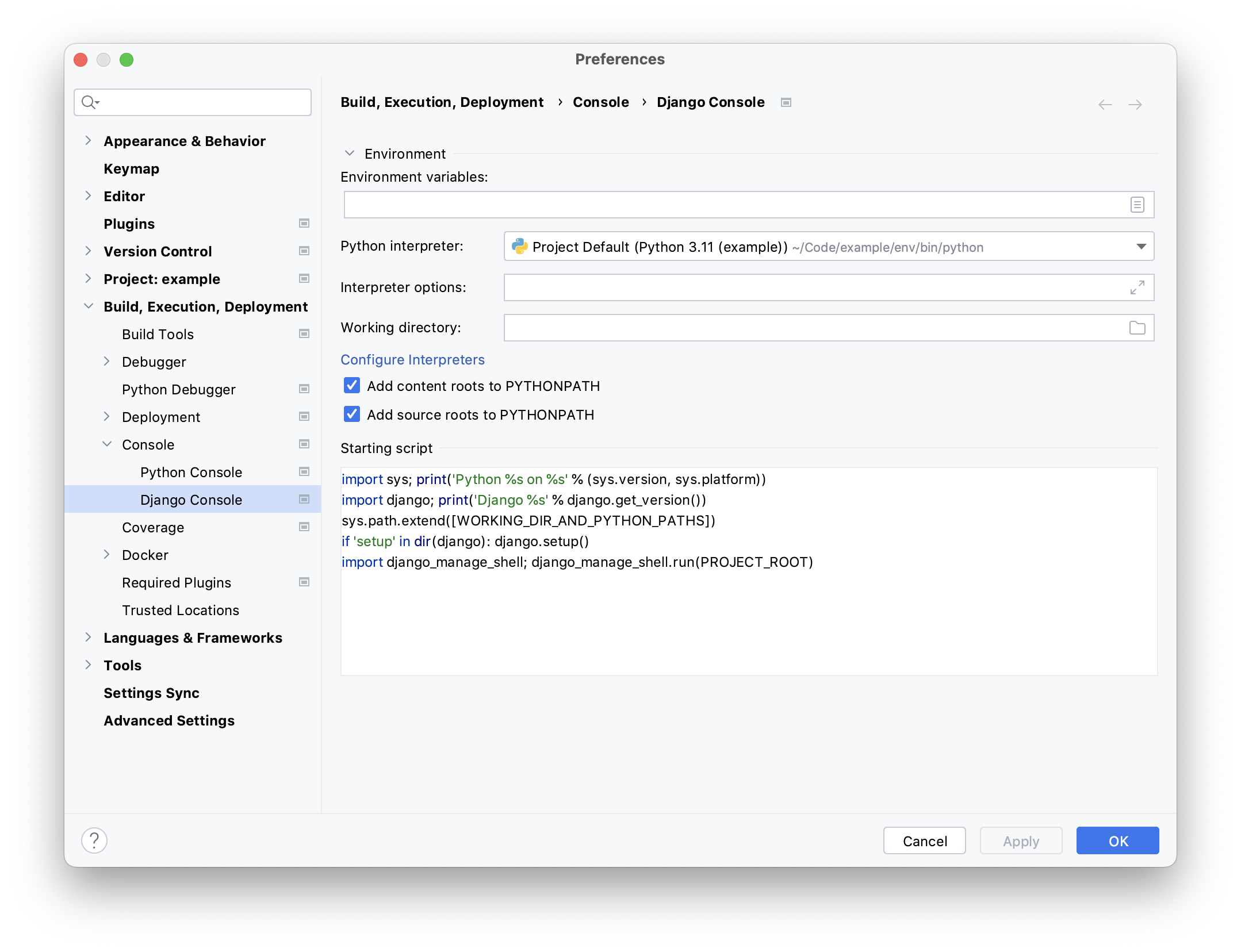 PyCharm Preferences dialog